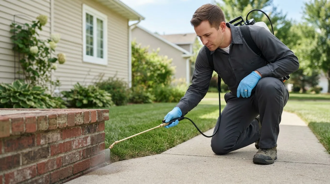 Pest control technician treating a home near Axton, VA